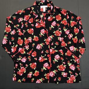 Oscar De La Renta Top Pink‎ Label Women's Size Medium Pajama Black Pink Floral